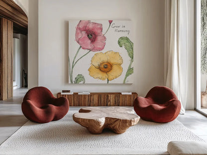 Blossom Sketches I Words Color by Daphne Brissonnet. Shown as extra-large giant wall art in a modern living room. Available as an archival giclee rolled canvas, fine art paper, or poster print. SKU 54962a.