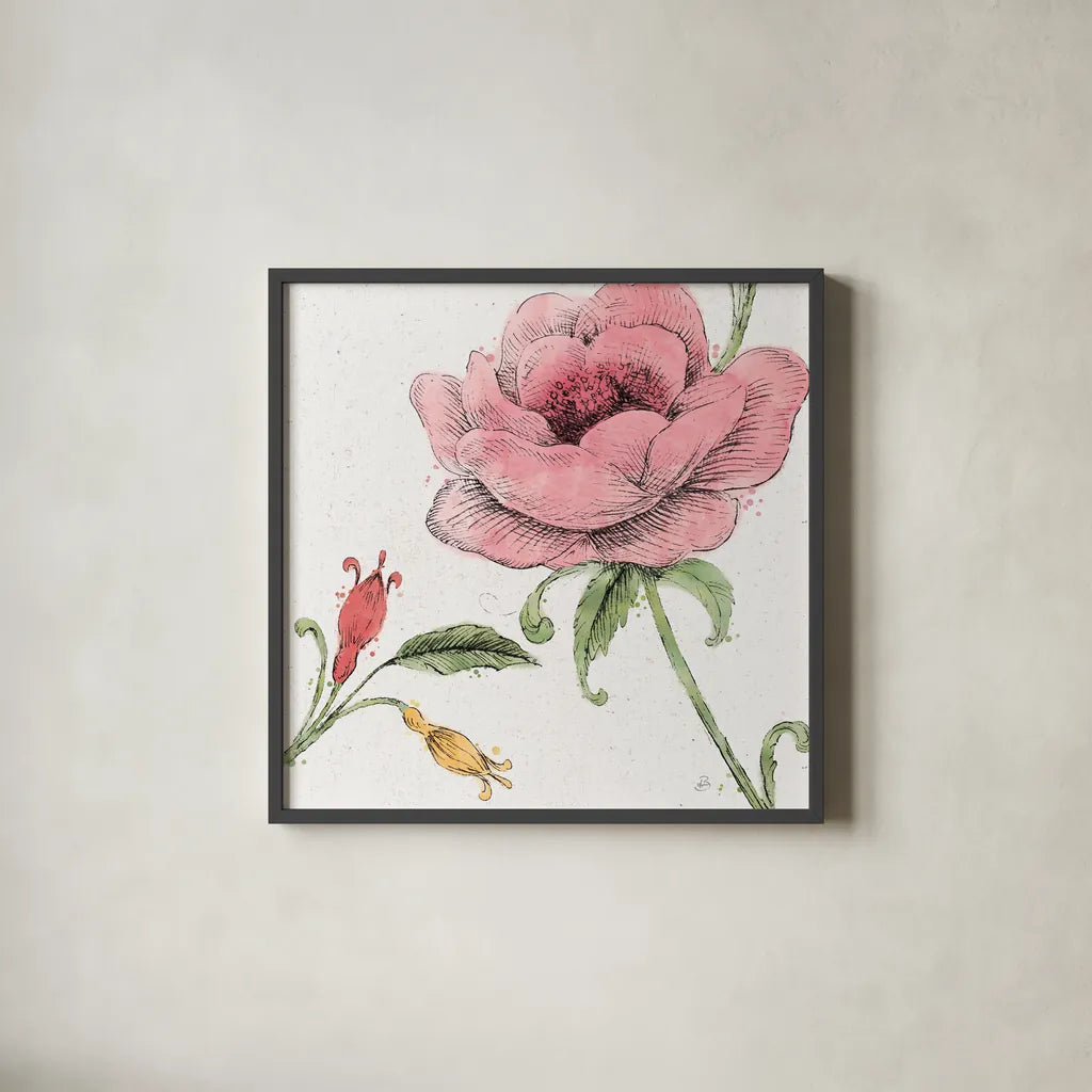 Blossom Sketches II Color by Daphne Brissonnet. Shown in a sleek black glass frame for a contemporary gallery look. Available as an archival giclee rolled canvas, fine art paper, or poster print. SKU 54830a.