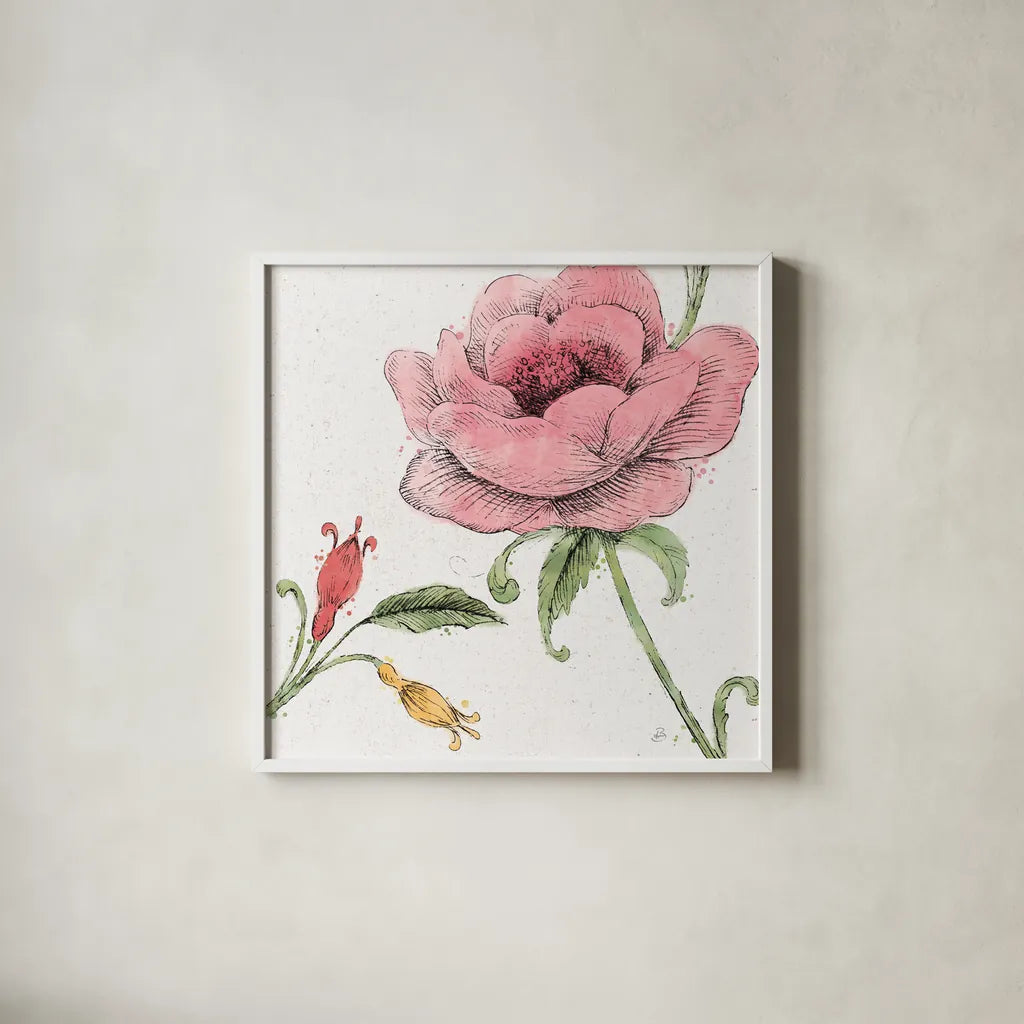 Blossom Sketches II Color by Daphne Brissonnet. Shown in a crisp white glass frame for a clean and minimalist style. Available as an archival giclee rolled canvas, fine art paper, or poster print. SKU 54830a.