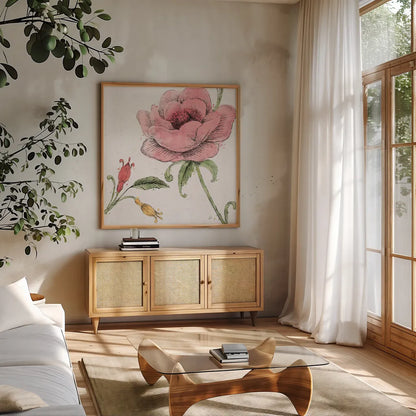 Blossom Sketches II Color by Daphne Brissonnet. Shown in a natural wood frame in a cozy modern living room. Available as an archival giclee rolled canvas, fine art paper, or poster print. SKU 54830a.