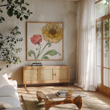 Blossom Sketches III Color by Daphne Brissonnet. Shown in a natural wood frame in a cozy modern living room. Available as an archival giclee rolled canvas, fine art paper, or poster print. SKU 54831a.