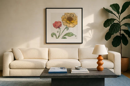 Blossom Sketches III Color by Daphne Brissonnet. Displayed in a glass frame with matte in a clean modern living room. Available as an archival giclee rolled canvas, fine art paper, or poster print. SKU 54831a.