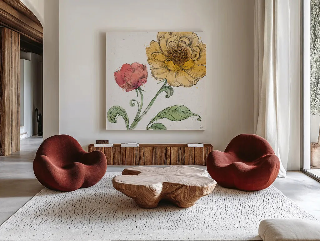 Blossom Sketches III Color by Daphne Brissonnet. Shown as extra-large giant wall art in a modern living room. Available as an archival giclee rolled canvas, fine art paper, or poster print. SKU 54831a.