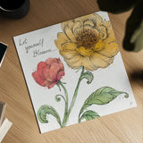 Blossom Sketches III Words Color by Daphne Brissonnet. Shown as a detailed flat fine art print, highlighting archival giclee quality. Available as an archival giclee rolled canvas, fine art paper, or poster print. SKU 54963a.