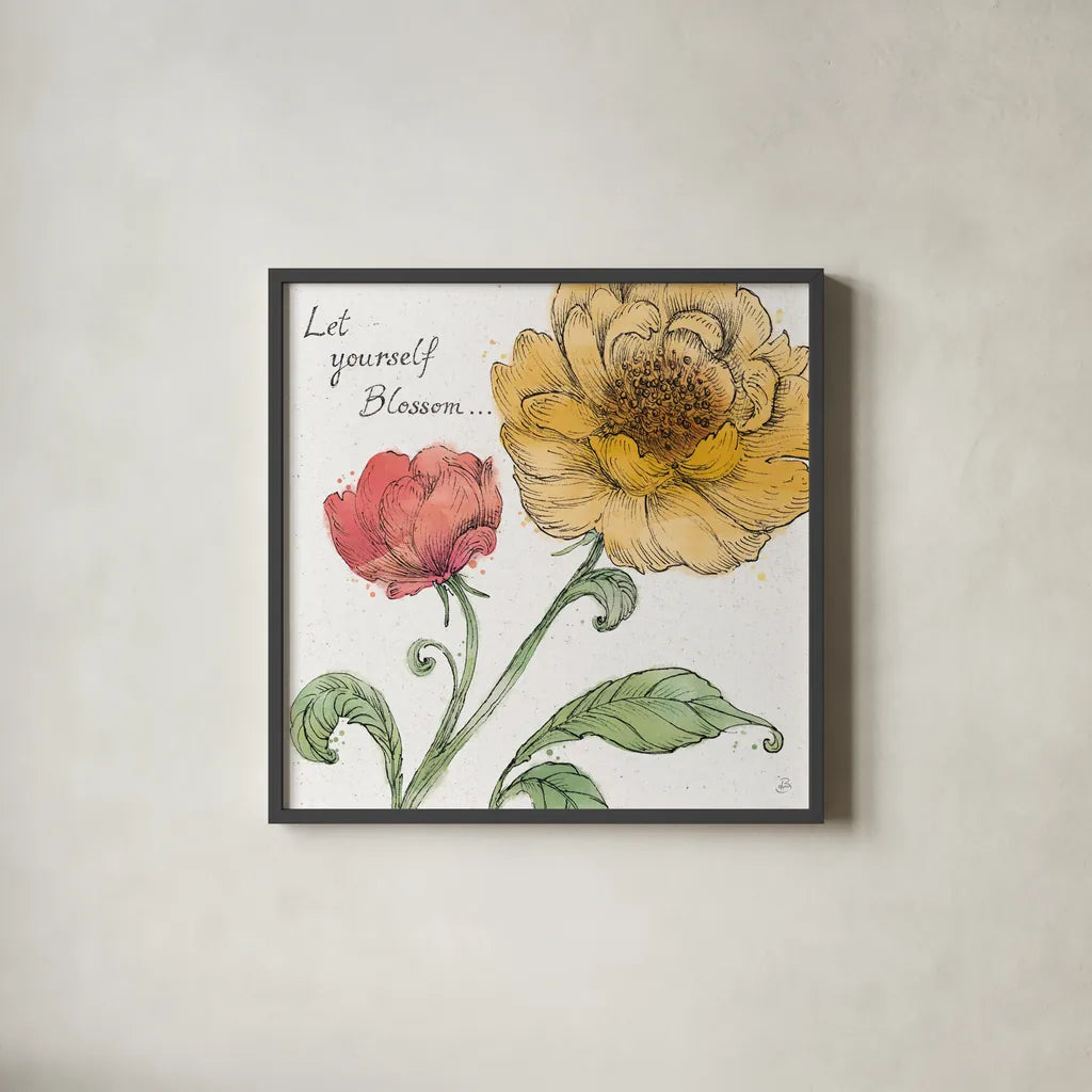 Blossom Sketches III Words Color by Daphne Brissonnet. Shown in a sleek black glass frame for a contemporary gallery look. Available as an archival giclee rolled canvas, fine art paper, or poster print. SKU 54963a.