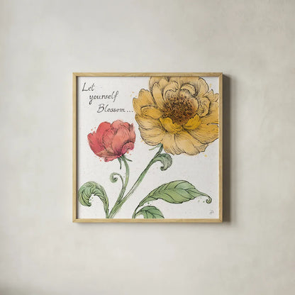 Blossom Sketches III Words Color by Daphne Brissonnet. Shown in a natural wood glass frame for a timeless modern aesthetic. Available as an archival giclee rolled canvas, fine art paper, or poster print. SKU 54963a.