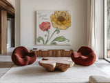 Blossom Sketches III Words Color by Daphne Brissonnet. Shown as extra-large giant wall art in a modern living room. Available as an archival giclee rolled canvas, fine art paper, or poster print. SKU 54963a.