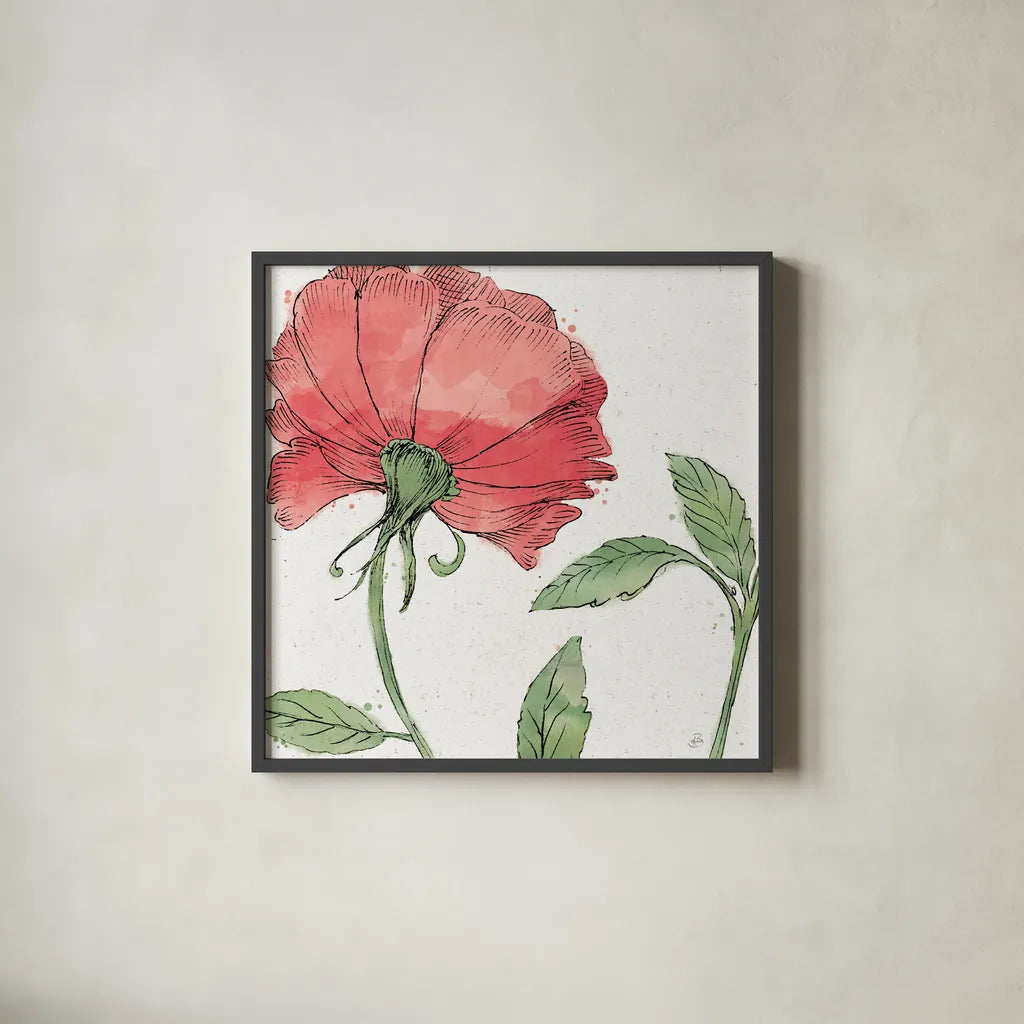 Blossom Sketches IV Color by Daphne Brissonnet. Shown in a sleek black glass frame for a contemporary gallery look. Available as an archival giclee rolled canvas, fine art paper, or poster print. SKU 54832a.