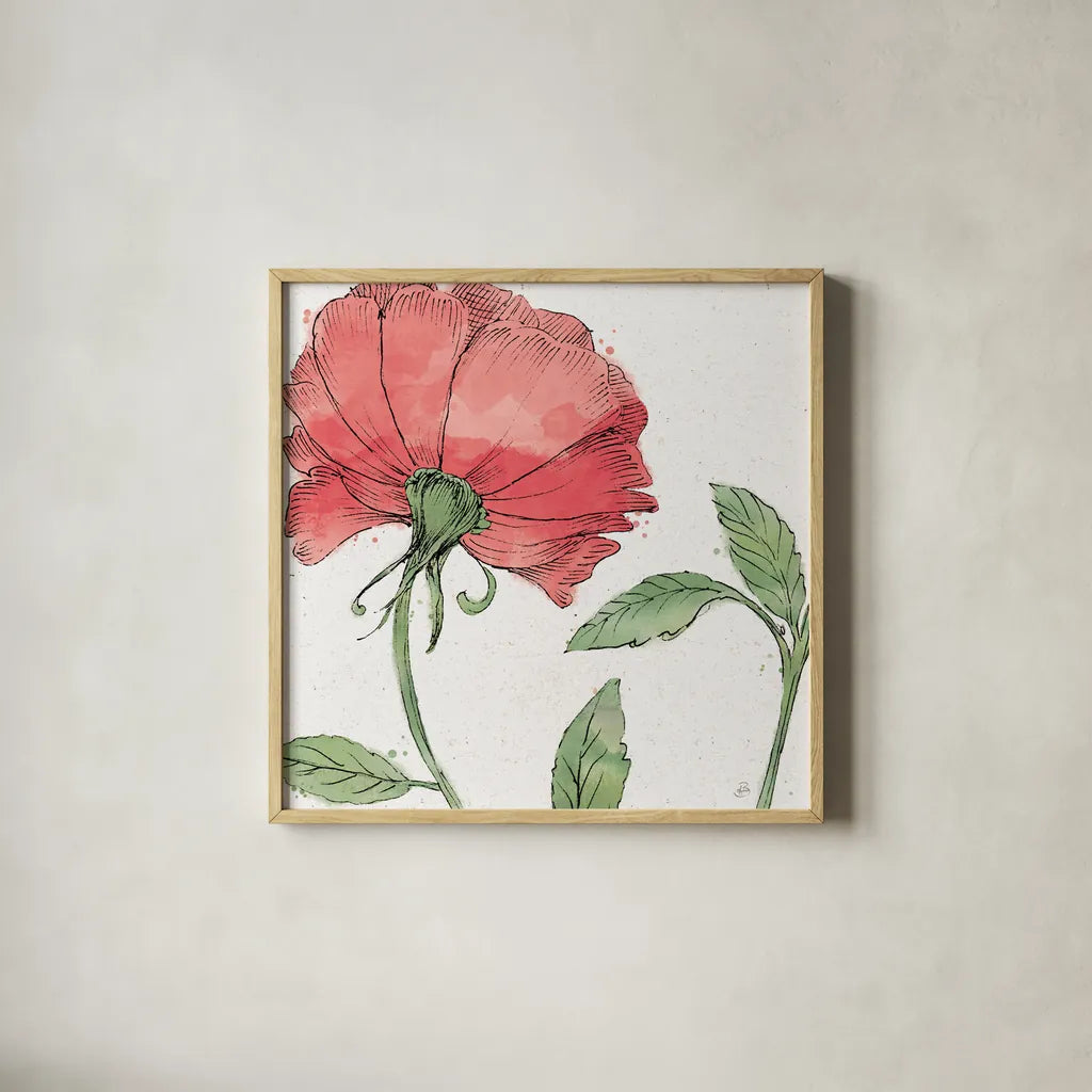 Blossom Sketches IV Color by Daphne Brissonnet. Shown in a natural wood glass frame for a timeless modern aesthetic. Available as an archival giclee rolled canvas, fine art paper, or poster print. SKU 54832a.