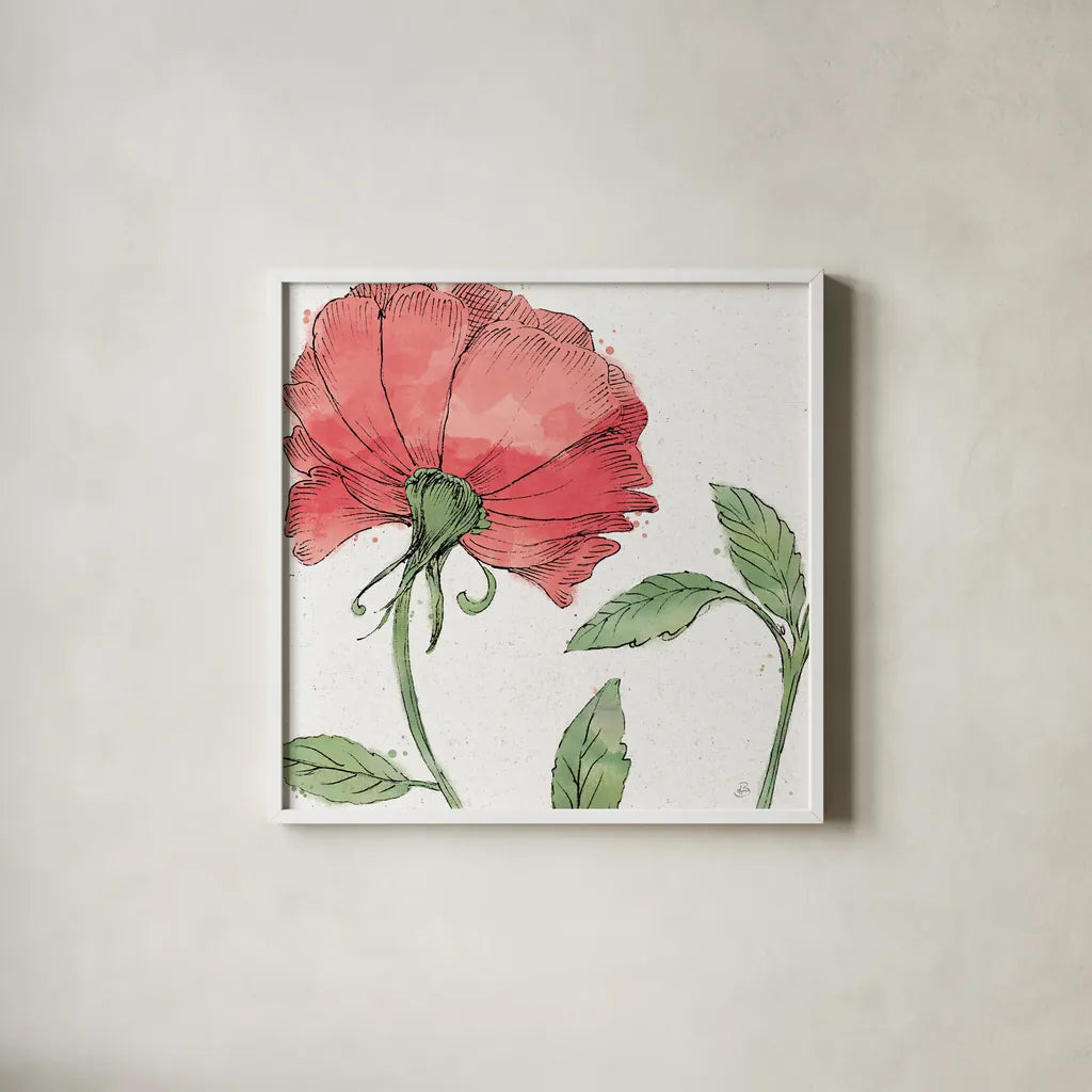 Blossom Sketches IV Color by Daphne Brissonnet. Shown in a crisp white glass frame for a clean and minimalist style. Available as an archival giclee rolled canvas, fine art paper, or poster print. SKU 54832a.
