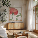 Blossom Sketches IV Color by Daphne Brissonnet. Shown in a natural wood frame in a cozy modern living room. Available as an archival giclee rolled canvas, fine art paper, or poster print. SKU 54832a.