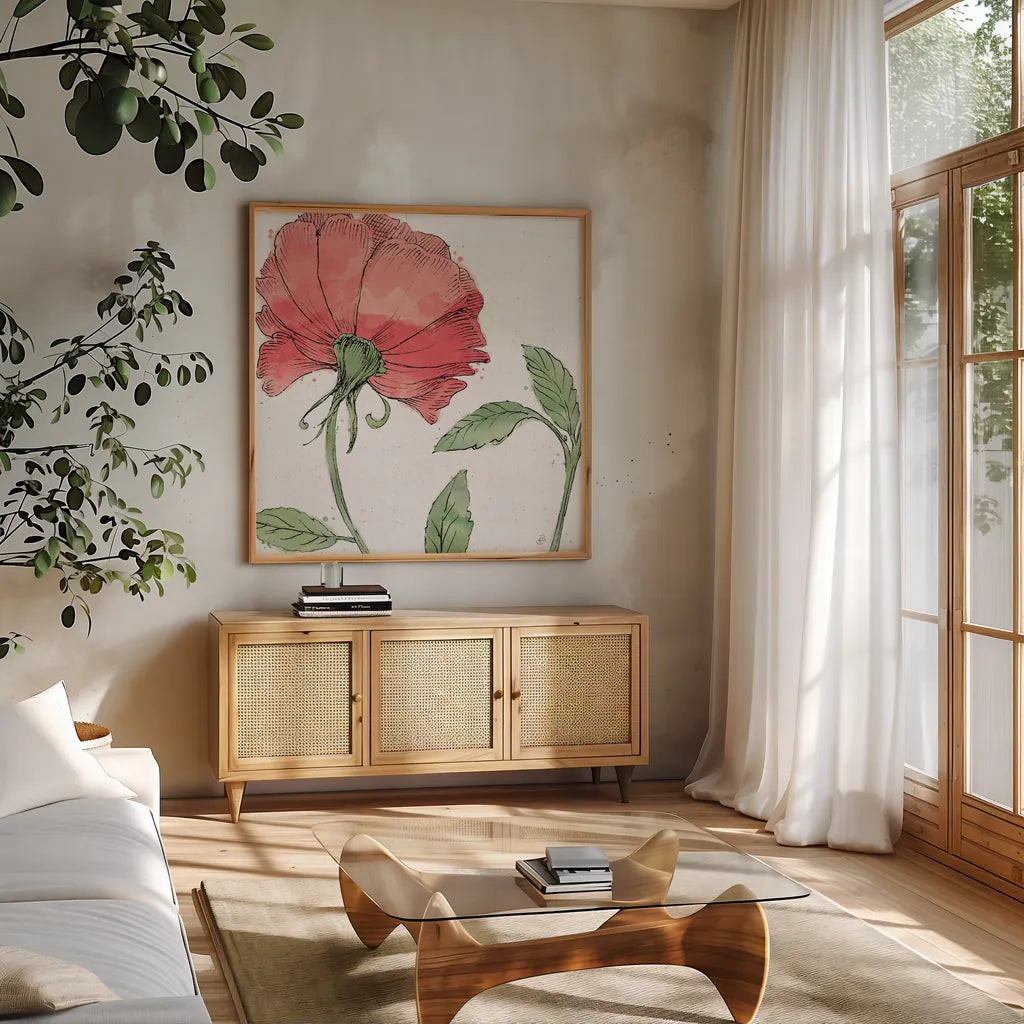 Blossom Sketches IV Color by Daphne Brissonnet. Shown in a natural wood frame in a cozy modern living room. Available as an archival giclee rolled canvas, fine art paper, or poster print. SKU 54832a.