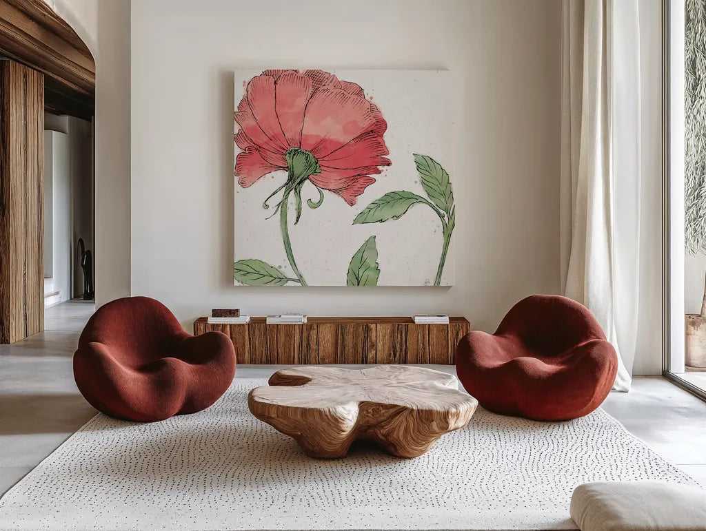 Blossom Sketches IV Color by Daphne Brissonnet. Shown as extra-large giant wall art in a modern living room. Available as an archival giclee rolled canvas, fine art paper, or poster print. SKU 54832a.