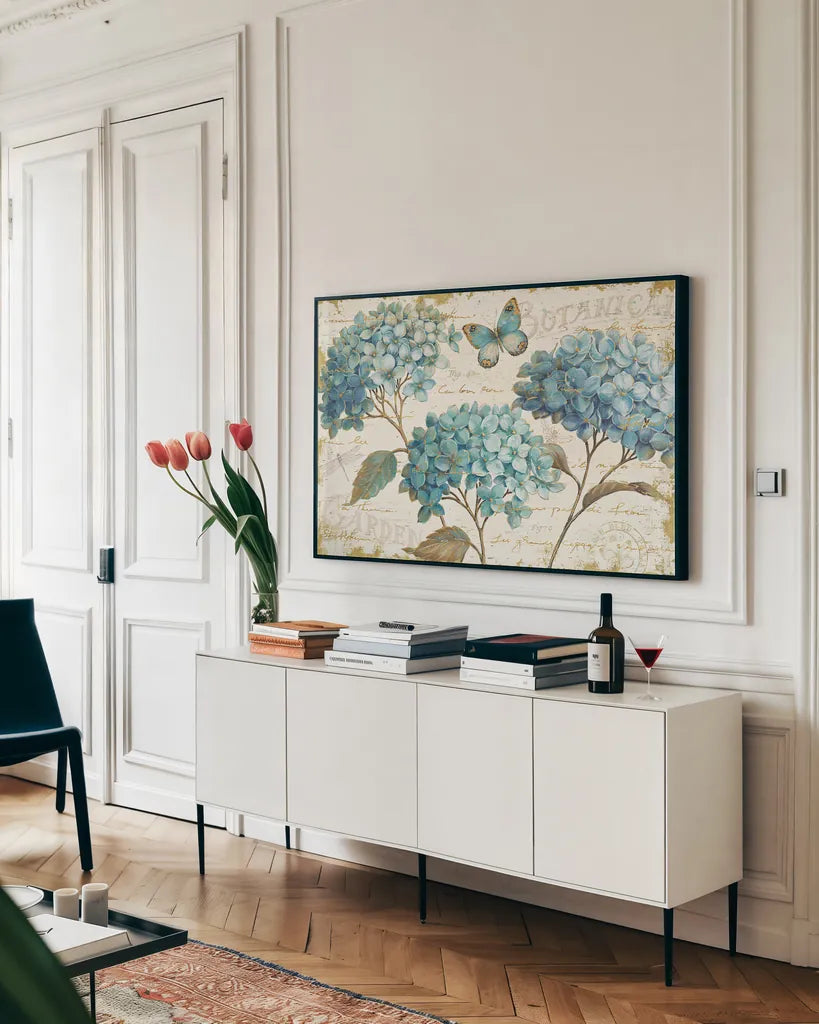 Blue Garden I by Daphne Brissonnet. shown as a framed stretched canvas in a living room above a console. Available as a archival giclee rolled canvas, fine art paper, or poster print. SKU 25359i.