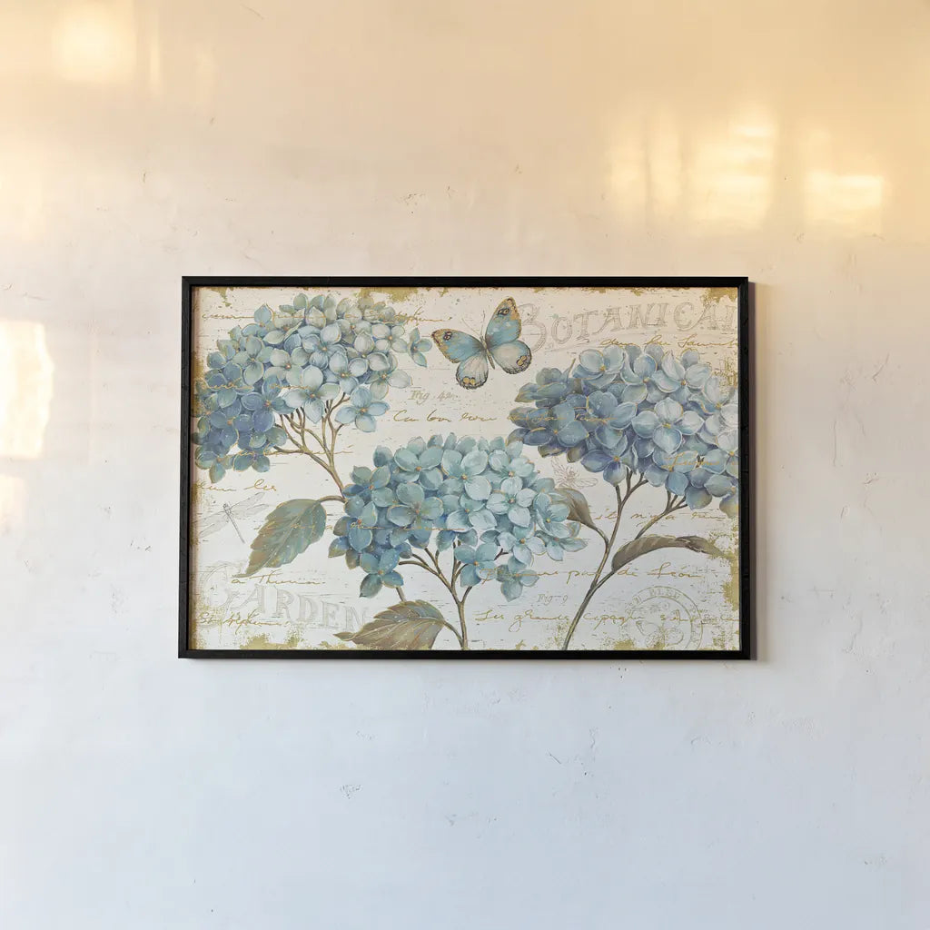 Blue Garden I by Daphne Brissonnet. shown as a paper print in a black flame. Available as a archival giclee rolled canvas, fine art paper, or poster print. SKU 25359i.