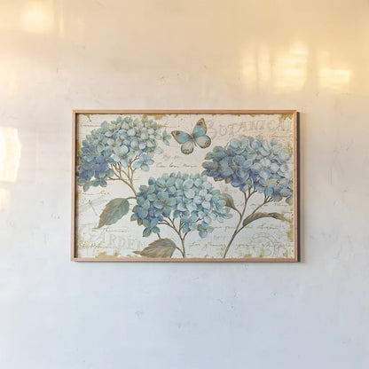 Blue Garden I by Daphne Brissonnet. shown as a paper print in a natural frame. Available as a archival giclee rolled canvas, fine art paper, or poster print. SKU 25359i.