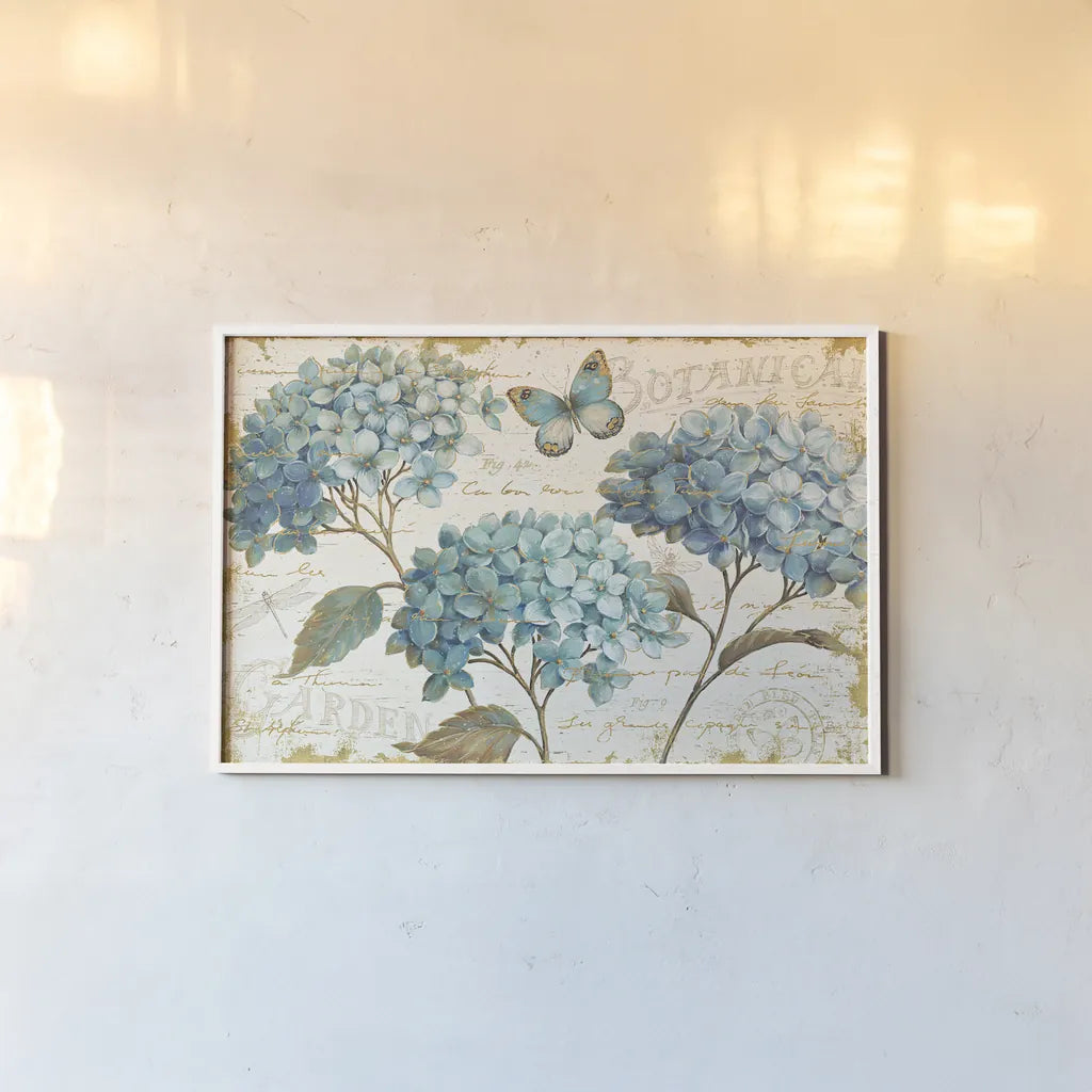 Blue Garden I by Daphne Brissonnet. shown as a paper print in a white frame. Available as a archival giclee rolled canvas, fine art paper, or poster print. SKU 25359i.
