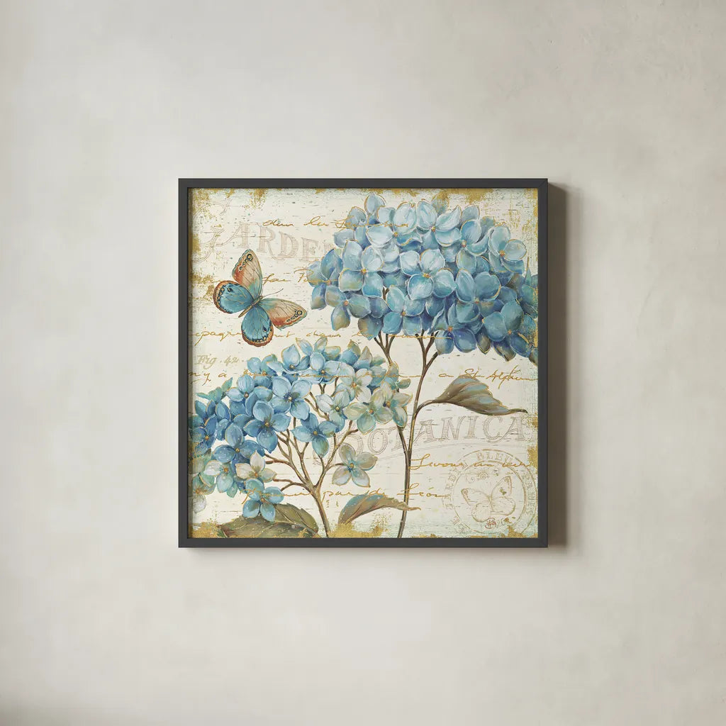 Blue Garden IV by Daphne Brissonnet. Shown in a sleek black glass frame for a contemporary gallery look. Available as an archival giclee rolled canvas, fine art paper, or poster print. SKU 25362a.