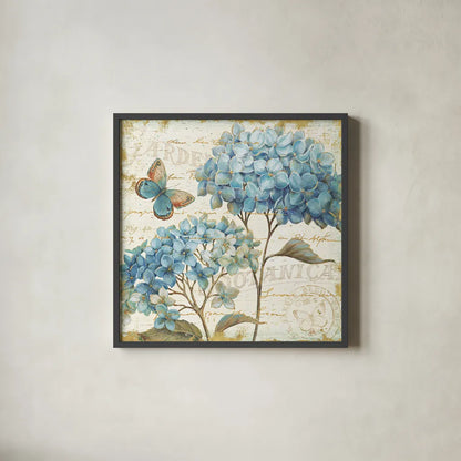 Blue Garden IV by Daphne Brissonnet. Shown in a sleek black glass frame for a contemporary gallery look. Available as an archival giclee rolled canvas, fine art paper, or poster print. SKU 25362a.