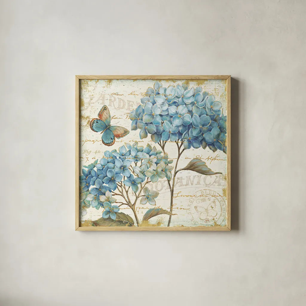 Blue Garden IV by Daphne Brissonnet. Shown in a natural wood glass frame for a timeless modern aesthetic. Available as an archival giclee rolled canvas, fine art paper, or poster print. SKU 25362a.