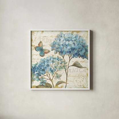 Blue Garden IV by Daphne Brissonnet. Shown in a crisp white glass frame for a clean and minimalist style. Available as an archival giclee rolled canvas, fine art paper, or poster print. SKU 25362a.