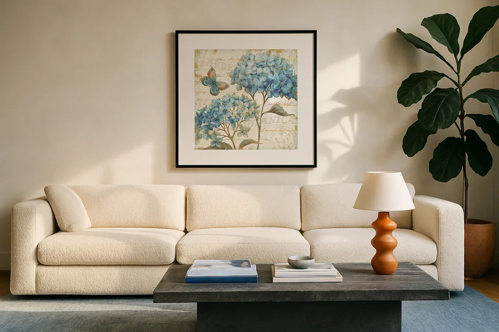 Blue Garden IV by Daphne Brissonnet. Displayed in a glass frame with matte in a clean modern living room. Available as an archival giclee rolled canvas, fine art paper, or poster print. SKU 25362a.