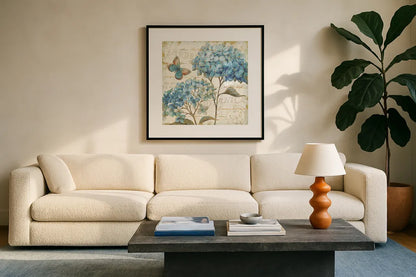 Blue Garden IV by Daphne Brissonnet. Displayed in a glass frame with matte in a clean modern living room. Available as an archival giclee rolled canvas, fine art paper, or poster print. SKU 25362a.