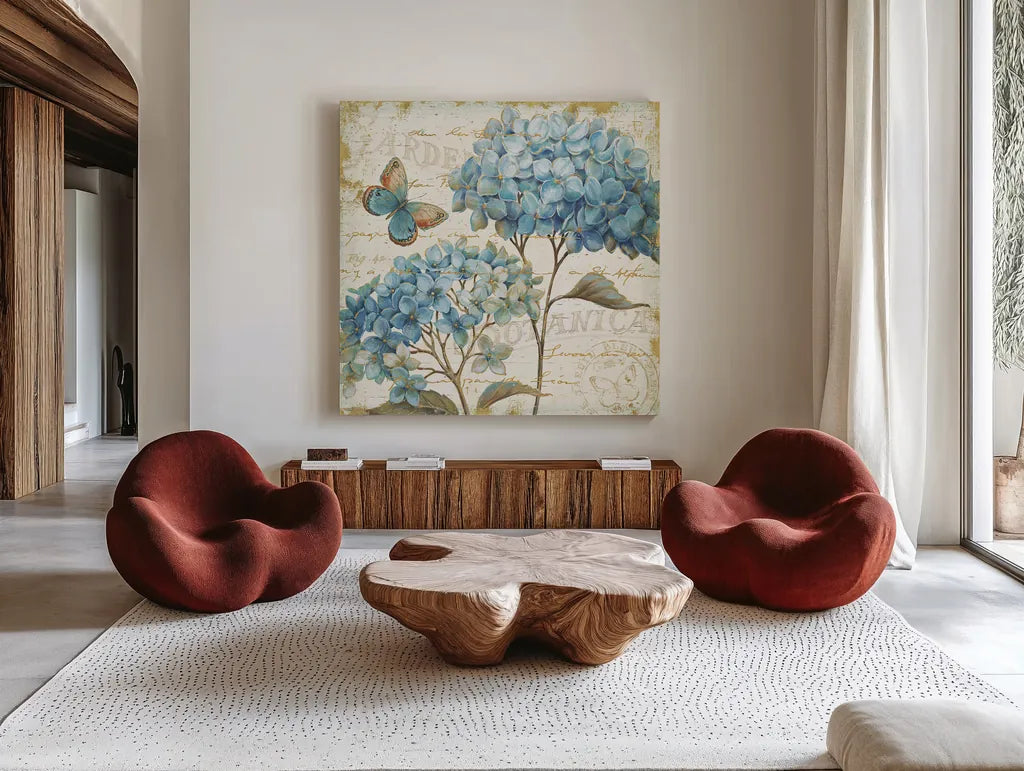 Blue Garden IV by Daphne Brissonnet. Shown as extra-large giant wall art in a modern living room. Available as an archival giclee rolled canvas, fine art paper, or poster print. SKU 25362a.