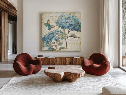 Blue Garden IV by Daphne Brissonnet. Shown as extra-large giant wall art in a modern living room. Available as an archival giclee rolled canvas, fine art paper, or poster print. SKU 25362a.