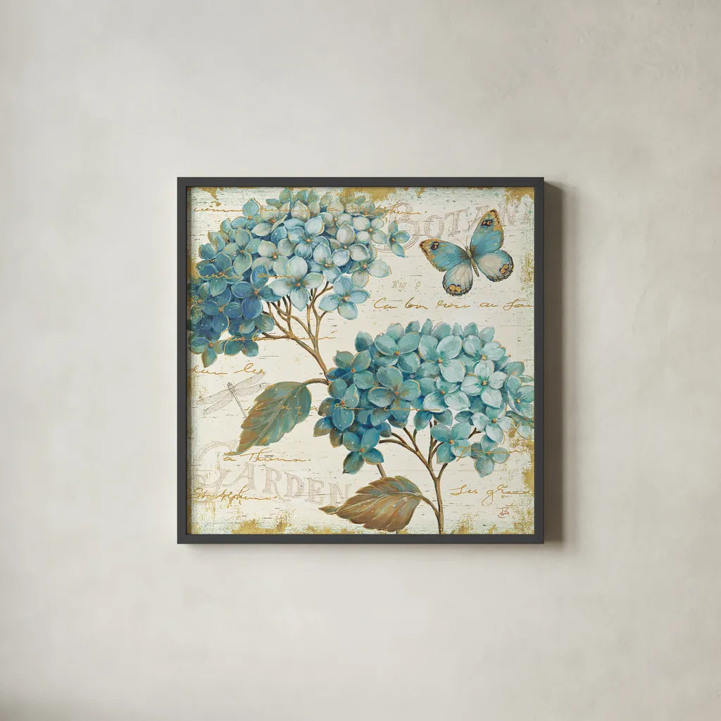 Blue Garden V by Daphne Brissonnet. Shown in a sleek black glass frame for a contemporary gallery look. Available as an archival giclee rolled canvas, fine art paper, or poster print. SKU 25363a.