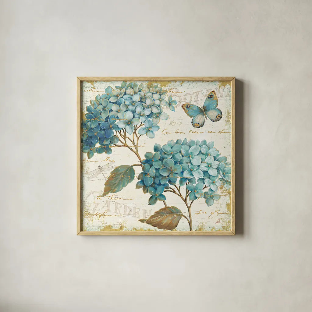 Blue Garden V by Daphne Brissonnet. Shown in a natural wood glass frame for a timeless modern aesthetic. Available as an archival giclee rolled canvas, fine art paper, or poster print. SKU 25363a.