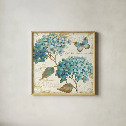 Blue Garden V by Daphne Brissonnet. Shown in a natural wood glass frame for a timeless modern aesthetic. Available as an archival giclee rolled canvas, fine art paper, or poster print. SKU 25363a.