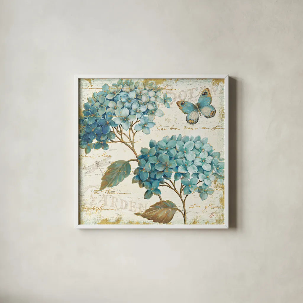 Blue Garden V by Daphne Brissonnet. Shown in a crisp white glass frame for a clean and minimalist style. Available as an archival giclee rolled canvas, fine art paper, or poster print. SKU 25363a.