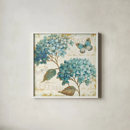 Blue Garden V by Daphne Brissonnet. Shown in a crisp white glass frame for a clean and minimalist style. Available as an archival giclee rolled canvas, fine art paper, or poster print. SKU 25363a.