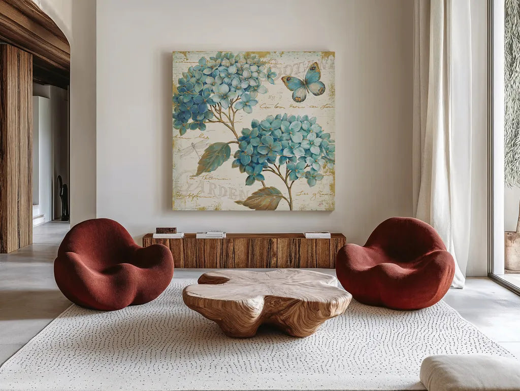Blue Garden V by Daphne Brissonnet. Shown as extra-large giant wall art in a modern living room. Available as an archival giclee rolled canvas, fine art paper, or poster print. SKU 25363a.