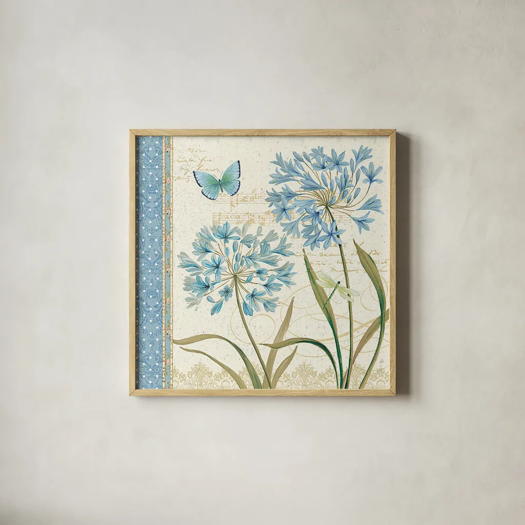 Blue Melody III by Daphne Brissonnet. Shown in a natural wood glass frame for a timeless modern aesthetic. Available as an archival giclee rolled canvas, fine art paper, or poster print. SKU 5756a.