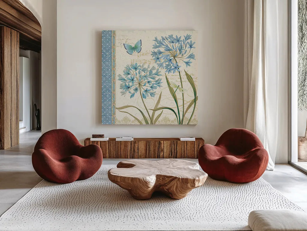 Blue Melody III by Daphne Brissonnet. Shown as extra-large giant wall art in a modern living room. Available as an archival giclee rolled canvas, fine art paper, or poster print. SKU 5756a.