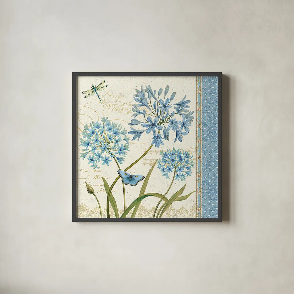 Blue Melody IV by Daphne Brissonnet. Shown in a sleek black glass frame for a contemporary gallery look. Available as an archival giclee rolled canvas, fine art paper, or poster print. SKU 5757a.