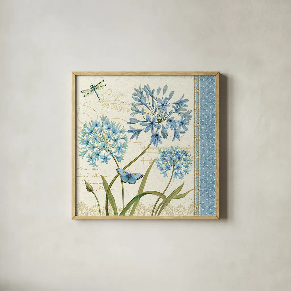 Blue Melody IV by Daphne Brissonnet. Shown in a natural wood glass frame for a timeless modern aesthetic. Available as an archival giclee rolled canvas, fine art paper, or poster print. SKU 5757a.