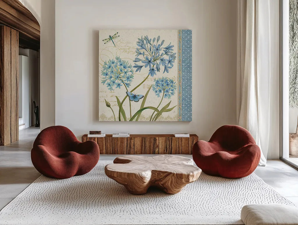 Blue Melody IV by Daphne Brissonnet. Shown as extra-large giant wall art in a modern living room. Available as an archival giclee rolled canvas, fine art paper, or poster print. SKU 5757a.