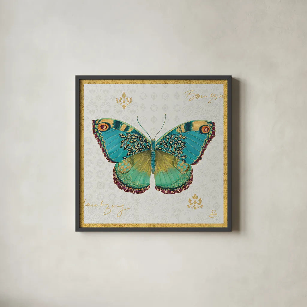 Bohemian Wings Butterfly VA by Daphne Brissonnet. Shown in a sleek black glass frame for a contemporary gallery look. Available as an archival giclee rolled canvas, fine art paper, or poster print. SKU 21856a.