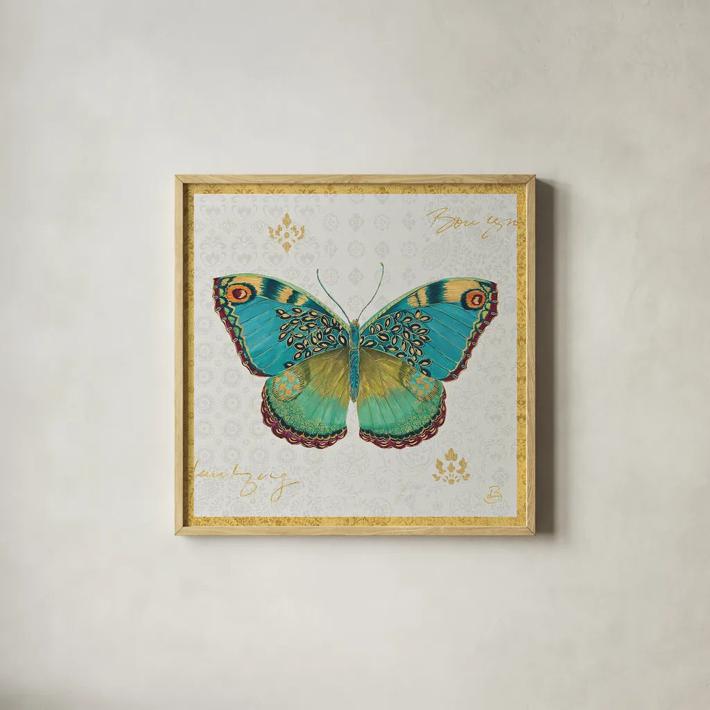 Bohemian Wings Butterfly VA by Daphne Brissonnet. Shown in a natural wood glass frame for a timeless modern aesthetic. Available as an archival giclee rolled canvas, fine art paper, or poster print. SKU 21856a.
