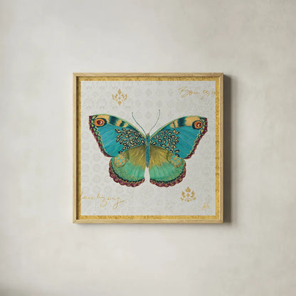 Bohemian Wings Butterfly VA by Daphne Brissonnet. Shown in a natural wood glass frame for a timeless modern aesthetic. Available as an archival giclee rolled canvas, fine art paper, or poster print. SKU 21856a.