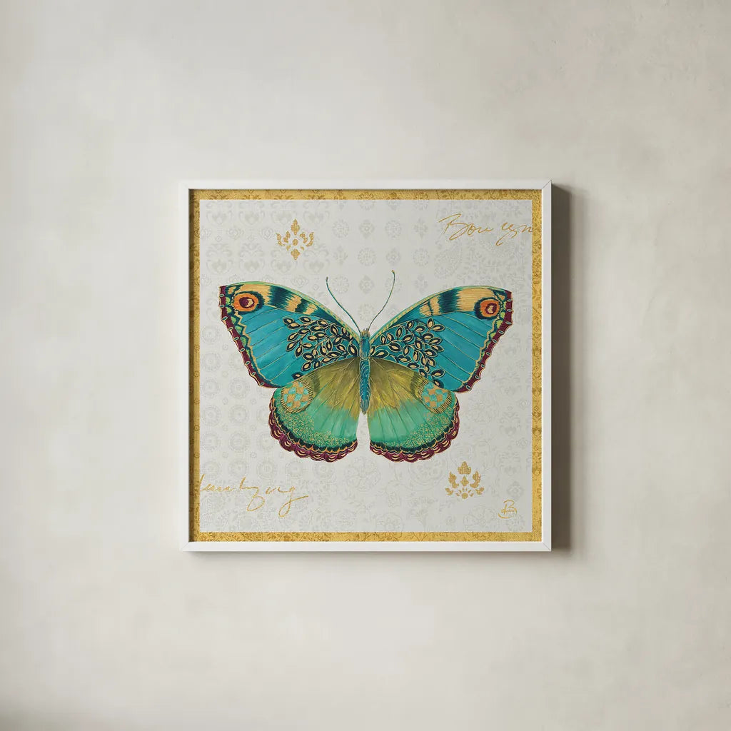 Bohemian Wings Butterfly VA by Daphne Brissonnet. Shown in a crisp white glass frame for a clean and minimalist style. Available as an archival giclee rolled canvas, fine art paper, or poster print. SKU 21856a.