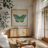 Bohemian Wings Butterfly VA by Daphne Brissonnet. Shown in a natural wood frame in a cozy modern living room. Available as an archival giclee rolled canvas, fine art paper, or poster print. SKU 21856a.