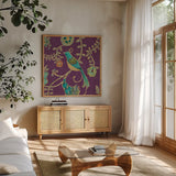 Bohemian Wings VI Aubergine by Daphne Brissonnet. Shown in a natural wood frame in a cozy modern living room. Available as an archival giclee rolled canvas, fine art paper, or poster print. SKU 23808a.