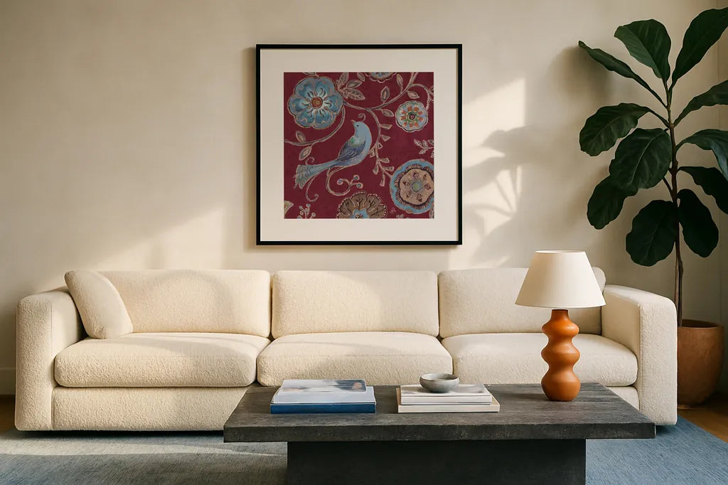 Bohemian Wings VII Providence by Daphne Brissonnet. Displayed in a glass frame with matte in a clean modern living room. Available as an archival giclee rolled canvas, fine art paper, or poster print. SKU 84331a.