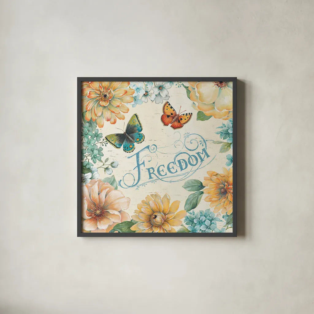 Butterfly Bloom III by Daphne Brissonnet. Shown in a sleek black glass frame for a contemporary gallery look. Available as an archival giclee rolled canvas, fine art paper, or poster print. SKU 20303a.