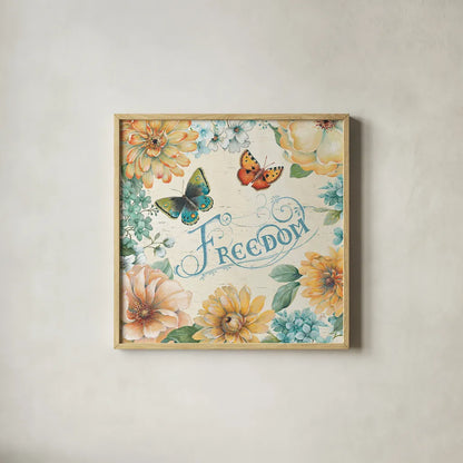 Butterfly Bloom III by Daphne Brissonnet. Shown in a natural wood glass frame for a timeless modern aesthetic. Available as an archival giclee rolled canvas, fine art paper, or poster print. SKU 20303a.