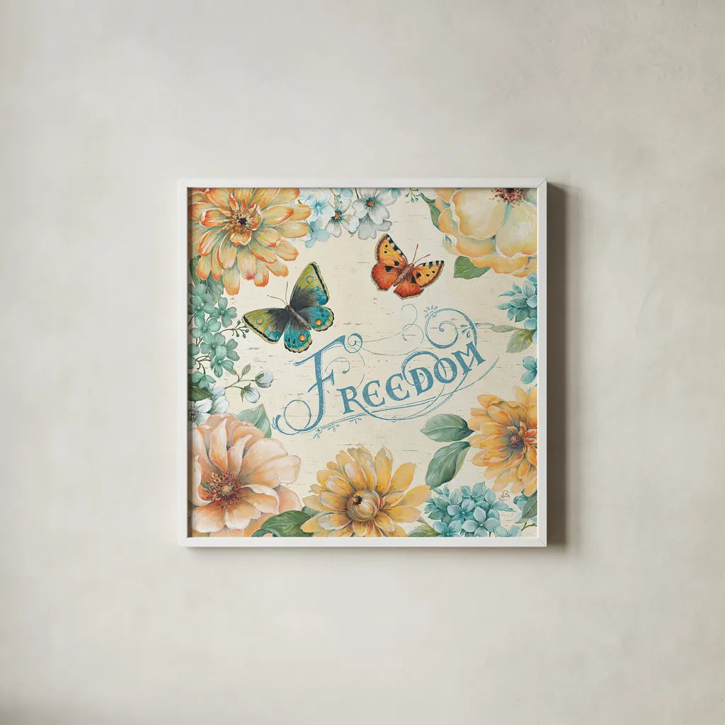 Butterfly Bloom III by Daphne Brissonnet. Shown in a crisp white glass frame for a clean and minimalist style. Available as an archival giclee rolled canvas, fine art paper, or poster print. SKU 20303a.